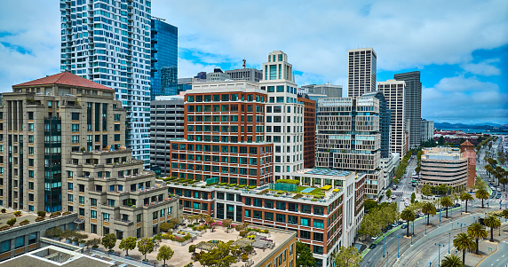 Image of Aerial multiple San Francisco, CA skyscraper buildings architecture