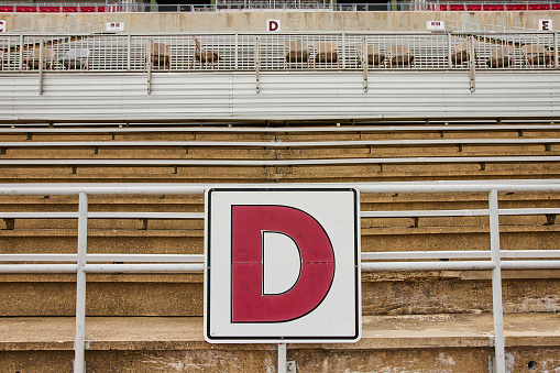 Image of D and E sections of empty bleachers at sports stadium under gloomy sky on lettered signs