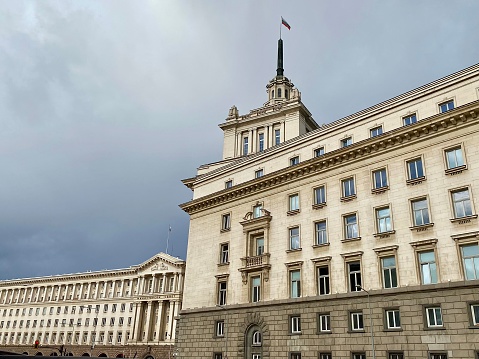 Moscow, Russia - April 24. 2019: Huge building of the State Duma commonly abbreviated in Russian as Gosduma. It is the lower house of the Federal Assembly of Russia.