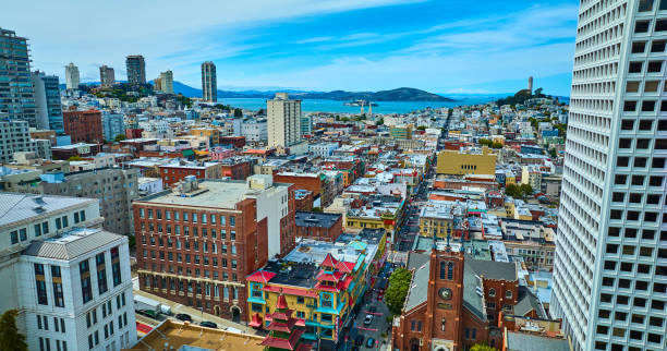 Dim Sum Corner Chinatown aerial with Alcatraz island and Coit Tower, CA