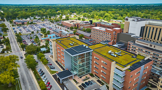 Image of Green rooftop building Ball State University, Muncie IN aerial