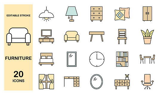 Set of furniture icons, editable stroke