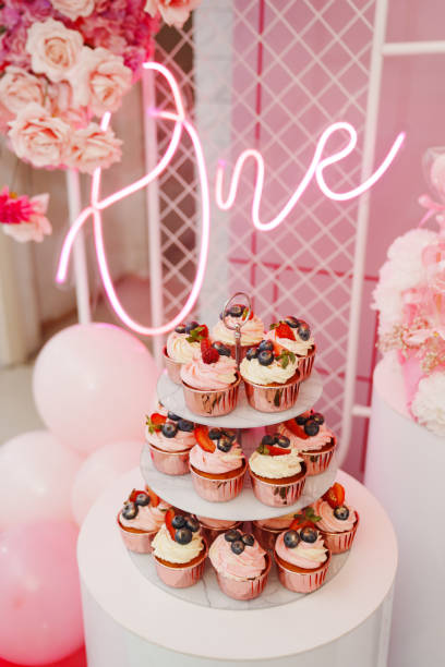 istock A plate of cupcakes decorated with white and pink cream with berries. 1805809749