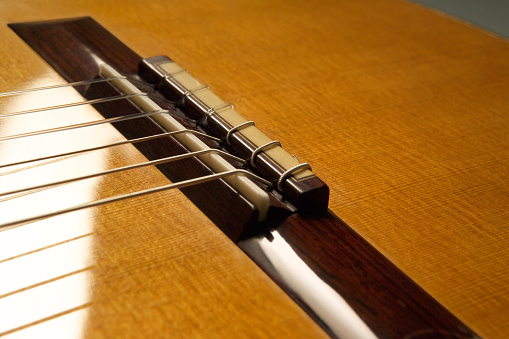 Acoustic guitar strings in the foreground