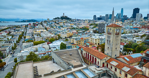 Image of San Francisco aerial city skyscrapers with Coit Tower, CA