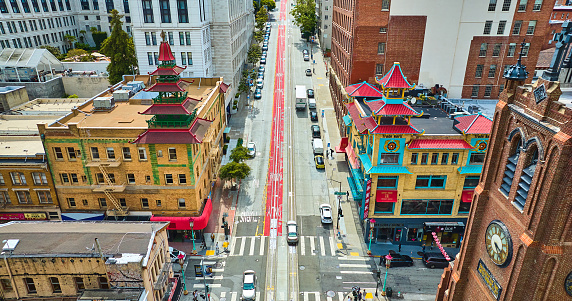 Image of San Francisco Chinatown Pantheon with Dim Sum Corner and Old Saint Marys Cathedral aerial, CA