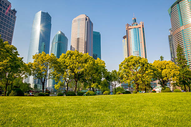 istock green grass with city building background. 180581736