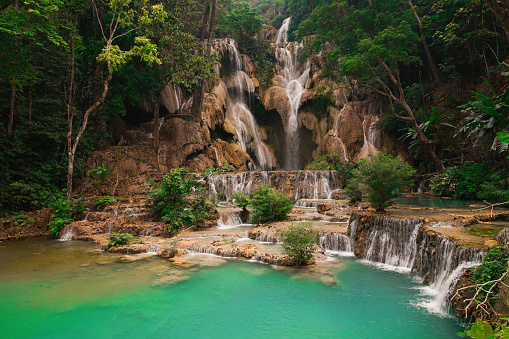 Tad Kuang Si Waterfall is the most beautiful in Luang Prabang, Laos. There are many plants around the waterfall.