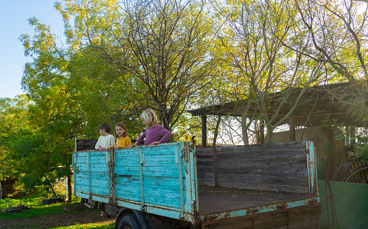 Children playing in a cart in a rural setting