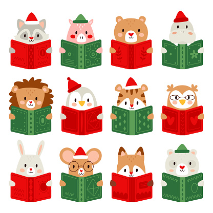 Smart curious Christmas animals and birds cartoon characters reading library fairytale books isolated set on white. Cute nerd forest, domestics or farm inhabitant with textbook vector illustration