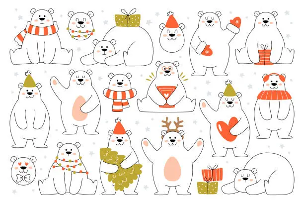 Vector illustration of Polar bears winter and christmas character with holiday accessories line set vector illustration