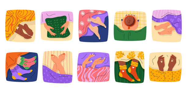 Male and female hands, legs limb sticking out blanket in bed isolated set vector illustration Male and female hands, legs sticking out soft cozy blanket in bed isolated set vector illustration. Limbs of sleeping relaxed barefoot people along and romantic couple resting at bedroom home woman feet bed stock illustrations