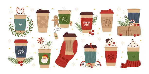 Vector illustration of Festive Christmas takeaway paper coffee cups with hot aroma winter drinks vector illustration