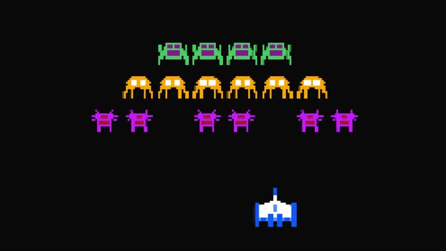 Vintage retro pixel art style UFO space battle video game cartoon animation.4K