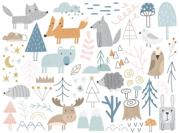 Vector illustration of Cute winter forest animals in simple hand drawn pastel color Scandinavian style vector illustration