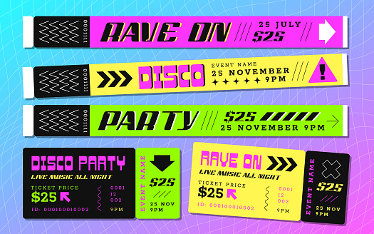 Festival bracelet and ticket for pass to event, disco. Paper hand band, color wristbands and night club party tickets. Vector illustration of music concert invitation with sample text. Access control.