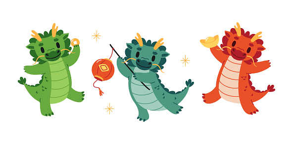 Set of cute cartoon dragons. Vector flat illustration for Chinese new year 2024.