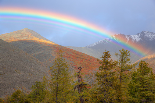 Beautiful rainbow over the mountains. Real rainbow photo. Natural background. Soft focus.