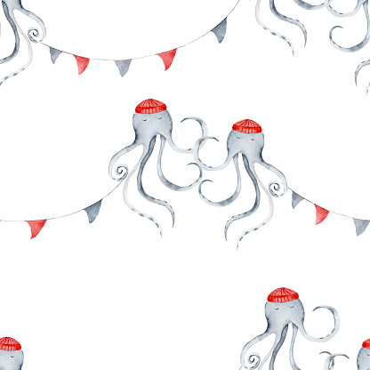 watercolor seamless pattern on the marine theme. cute dancing octopuses in red caps with flags. children's pattern for textiles, printing, wallpaper