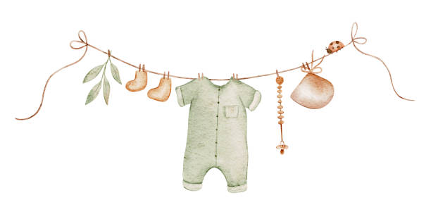 babykleidung hängt an der wäscheleine. die sachen werden nach dem waschen auf wäscheklammern getrocknet. - babybekleidung stock-grafiken, -clipart, -cartoons und -symbole