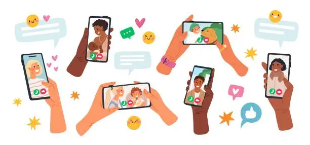 Vector illustration of Hands hold phones with video chats. People communicate through messenger apps. Smartphone screens. Devices in arms. Call to family and friends. Distance conversation. Garish vector set