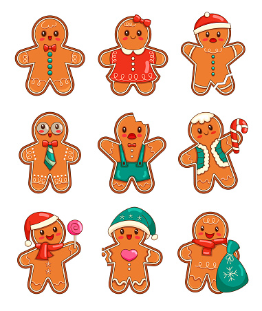 Cute cartoon Christmas gingerbread men. Holiday winter. New year cookies. Hand drawn style. Vector drawing. Collection of design elements.