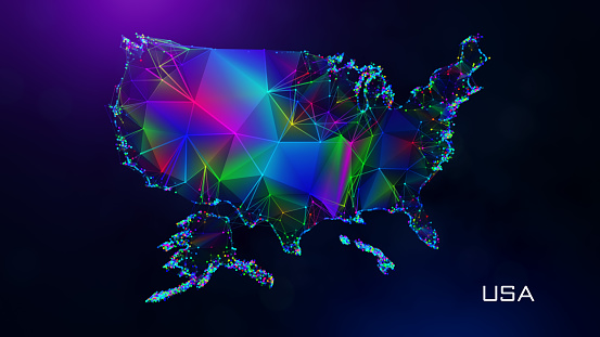 Futuristic Sweet USA Map Polygonal Blue Purple Colorful Connected Lines Dots And Facet Wireframe Network With Text On Hazy Flare Bokeh Background