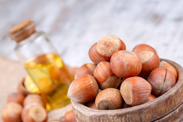 istock Hazelnut oil in a glass bottle 1805856925