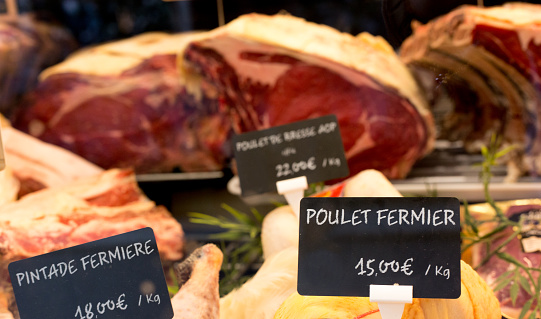 Paris, France: Window of Butcher Shop