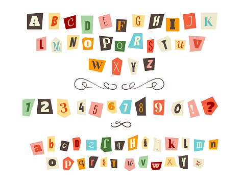 Anonymous clippings font color criminal alphabet letters cut from newspapers and magazines set. Creative English abc and number for blackmail message and secrete communication vector illustration