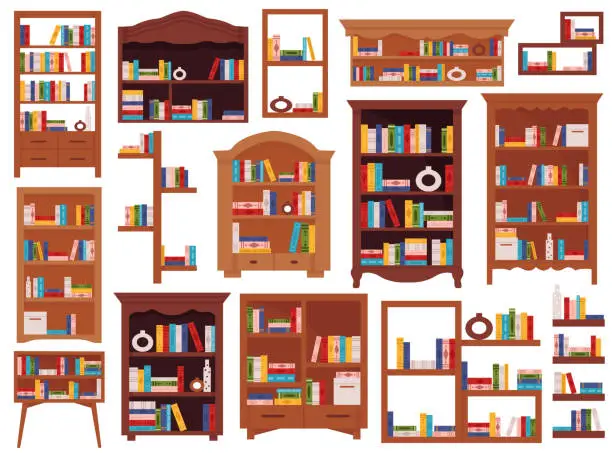 Vector illustration of Wooden bookcases, shelves with books and items, bookstore and home interior vector illustration