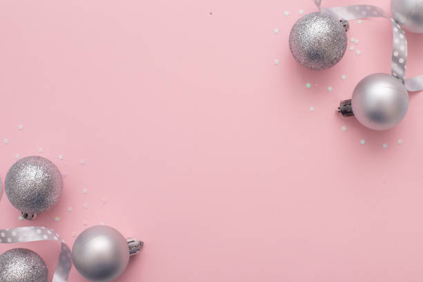 istock Christmas composition christmas silver tree toys at the pink background. 1805858109