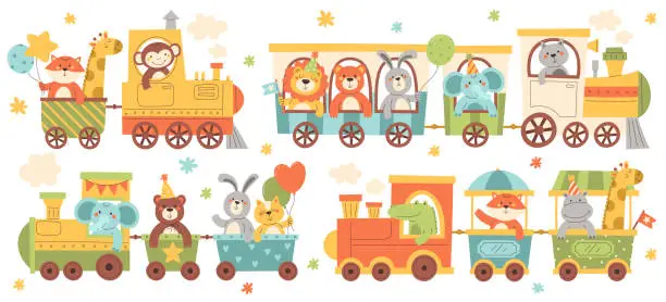 Vector illustration of Cute cartoon kid animal character riding on train locomotive set happy travel vector illustration