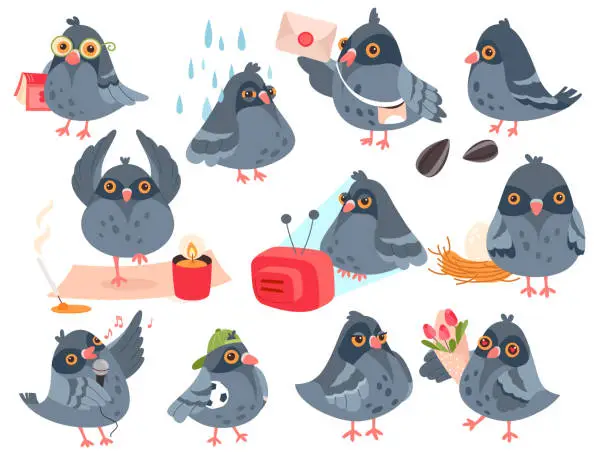 Vector illustration of Grey pigeon funny cartoon characters with different emotion and action isolated set on white