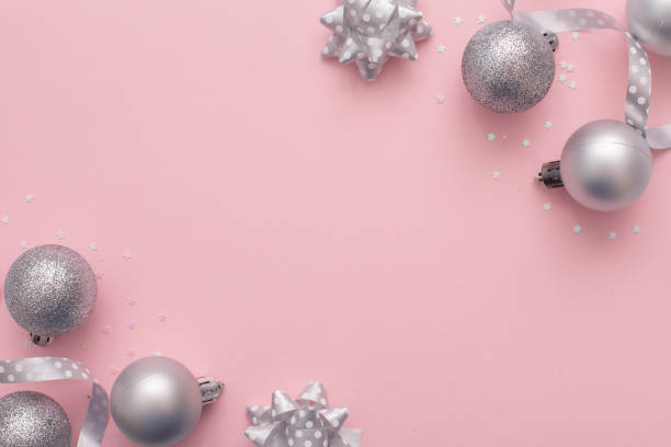 istock Christmas composition christmas silver tree toys at the pink background. 1805858137