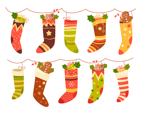 Christmas stockings with traditional sweets and decoration hanging on rope set vector illustration. New Year socks with gifts from Santa Claus for children. Winter holiday preparation and celebration