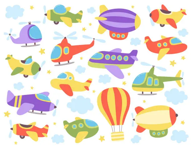 Vector illustration of Cute childish air transport set, airplane, airship, zeppelin, air-hot balloon vector illustration