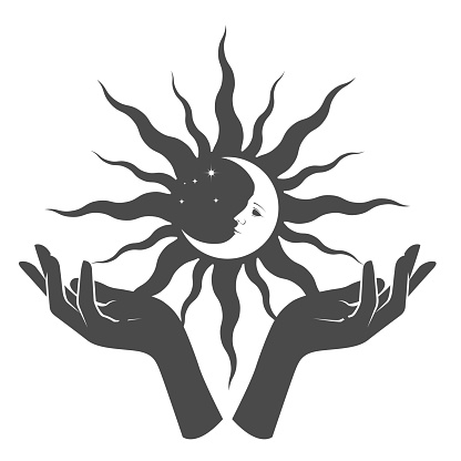 Woman hands hold black sun with moon inside on palms, occultism and mysticism, magic spells and witchcraft, vector