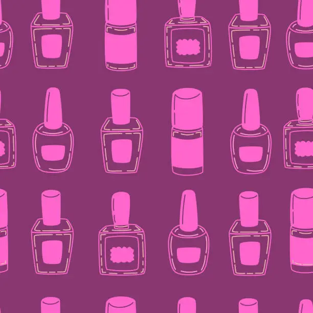 Vector illustration of Seamless pattern with bottles of nail polish on purple background. eamless print vector for packaging, wraping.