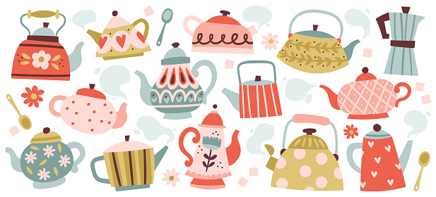 Different hand drawn porcelain, faience, ceramic teapots and metal cezve pot kitchen tableware vector illustration. Tea and coffee making set of vintage doodle kettle various shape and size