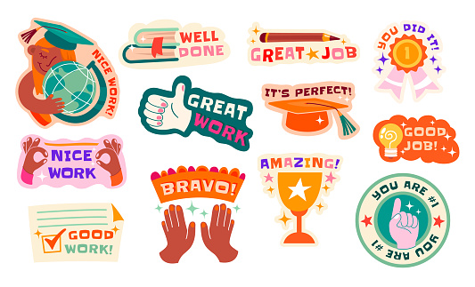 Great job school and sport achievement reward sticker for greeting due to success isolated set. Vector illustration of nice work, perfect, best, well done, amazing you do it, bravo motivation badge
