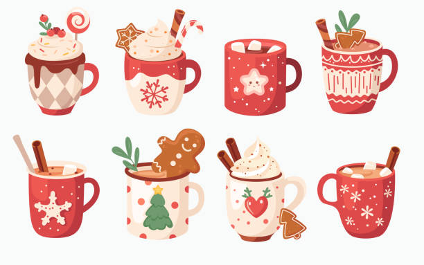 Christmas ceramic cups and porcelain mugs with festive pattern and homemade hot warming drinks Christmas ceramic cups and porcelain mugs with festive pattern and homemade hot warming drinks set. Cozy sweet food and drinks for wintertime holidays vector illustration. Traditional seasonal treats marshmallow chocolate stock illustrations