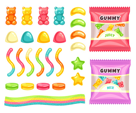 Jelly sweet vitamin gum candy, marmalade sweets, sugar food assortment and pack isolated set on white background. Colorful cartoon kid dessert collection with funny form and shape vector illustration