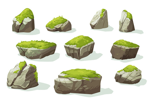 Moss plants growing on old gray stones of different shapes isolated set on white background. Cartoon rocky pieces with green lichen natural environment element vector illustration for landscape design