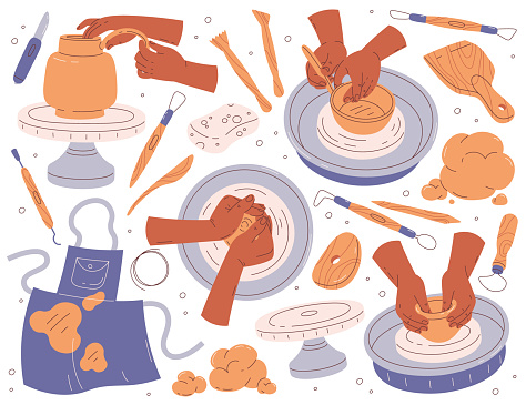 Human hands using pottery workshop tools for clay crafting, modeling and making ceramic pot isolated set. Traditional crockery equipment, pottery wheel, curving workpiece vector illustration