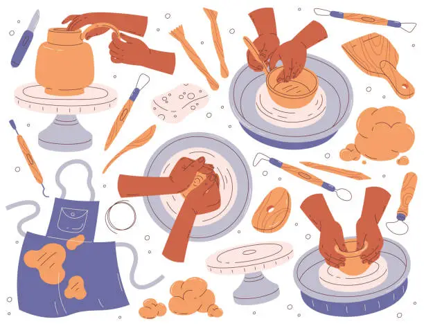 Vector illustration of Human hands using pottery workshop tools for clay crafting, modeling and making ceramic pot set