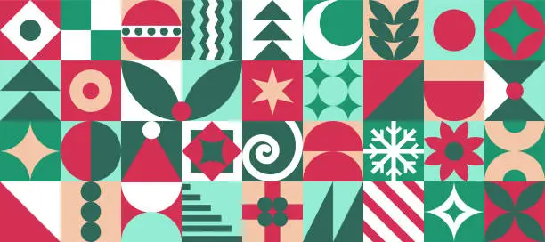 Vector illustration of Modern bauhaus Christmas pattern, background with graphic tiles with abstract drawings of symbols of the holiday, fir tree, gifts, hat, star, moon, basic geometric shapes. Vector illustration.