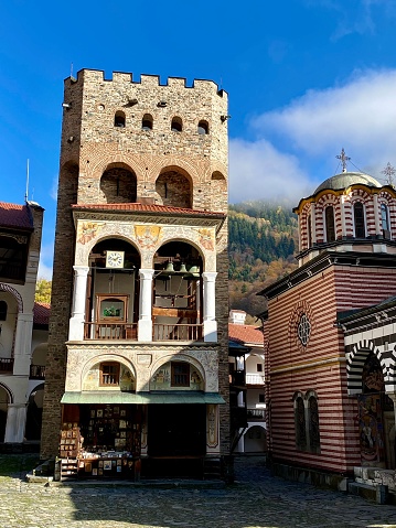 Bulgaria - Rila Monastery ( Rilski Manastir).  The Monastery of Saint John of Rila, also known as Rila Monastery is the largest and most famous Eastern Orthodox monastery in Bulgaria. It is situated in the southwestern Rila Mountains, 117 km south of the capital Sofia in the deep valley of the Rilska River. It is a site UNESCO