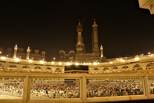 City of Mecca in the Kingdom of Saudi Arabia. Muslims circumambulate the Holy Kaaba. Muslims perform their worship, Umrah, Hajj