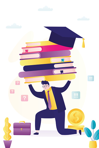 Unhappy student trying to lift and hold on to great burden of high education cost. male borrower cannot pay student loan and debt. Money problems, bankruptcy, high tuition fees. vector illustration